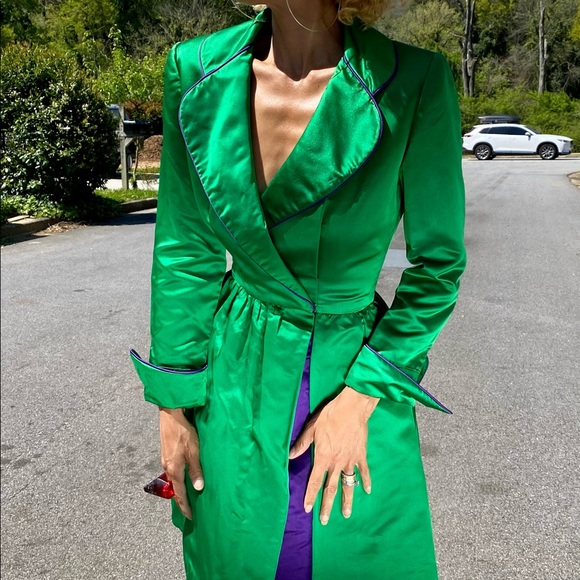Vtg Bob Mackie satin coat dress tuxedo green XS - Picture 3 of 11